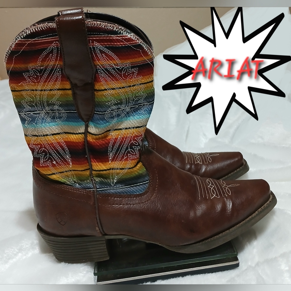 Girl's Brown and Multicolor Western Snip Toe Boots